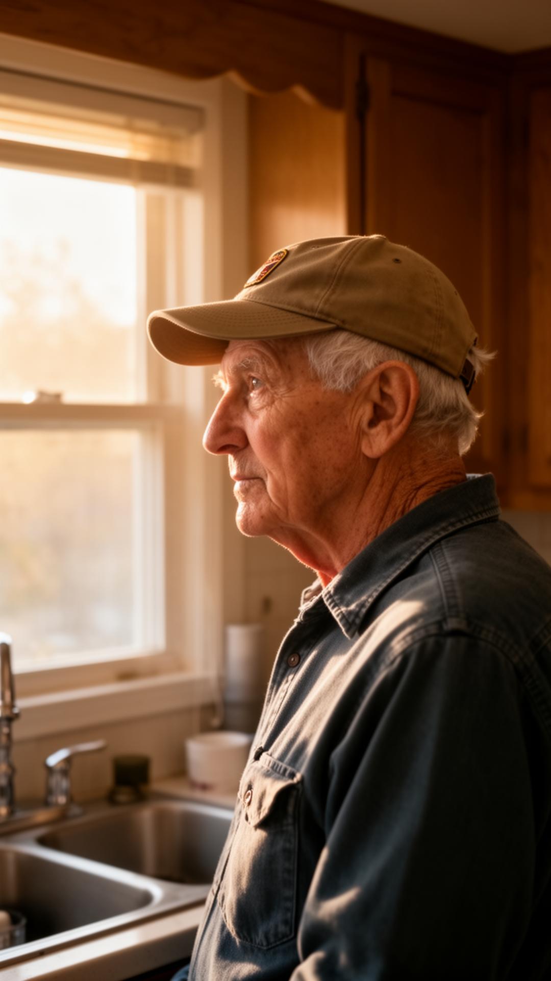 An older veteran by his kitchen window in morning light