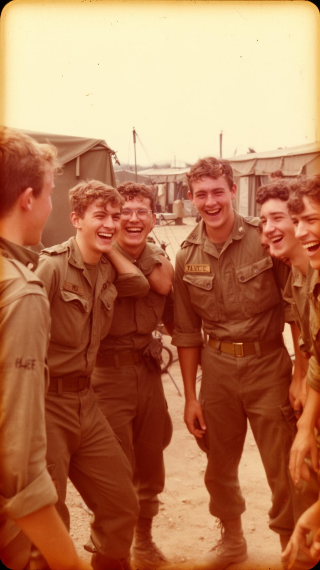 Vintage photo of young soldiers laughing together in camp
